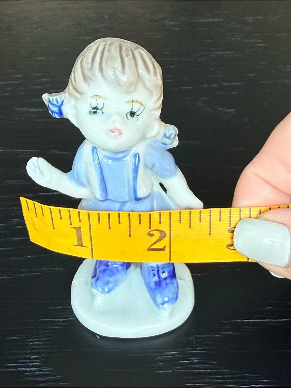 Vintage Hand-Painted Porcelain Girl, Blue Skates, Pigtails Made in Taiwan 4”
